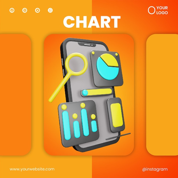 Post social media chart with icon 3d render