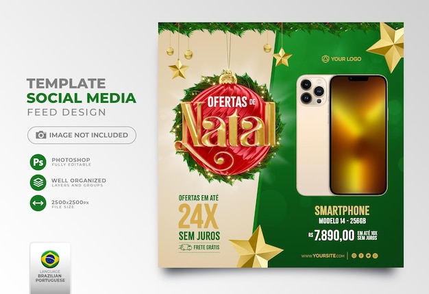 Post social media christmas offer in portuguese 3d render for marketing in brazil template design