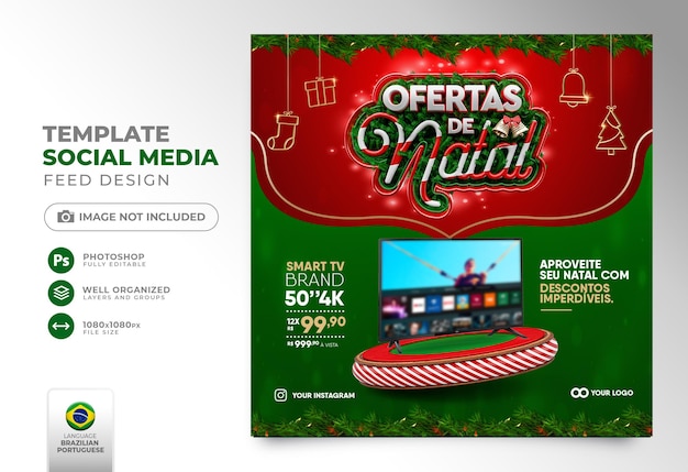 PSD post social media christmas offers in brazil in 3d render template in portuguese