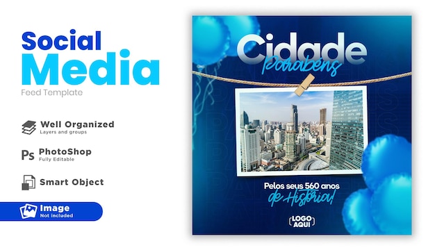 PSD post social media city anniversary in portuguese 3d render for marketing campaign in brazil