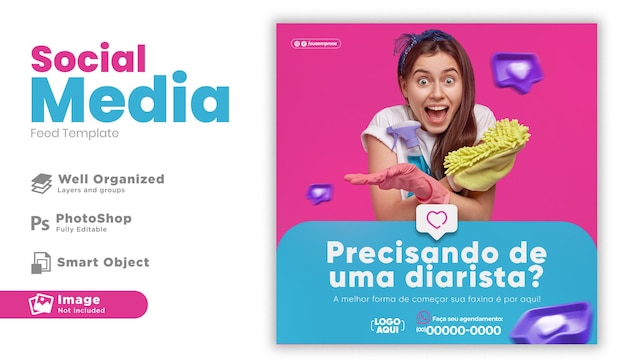 PSD post modello di pulizia dei social media in portoghese per la campagna di marketing in brasile