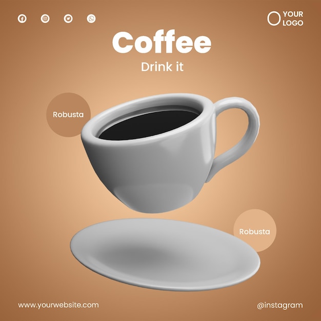 아이콘 3d 렌더링으로 소셜 미디어 커피 게시