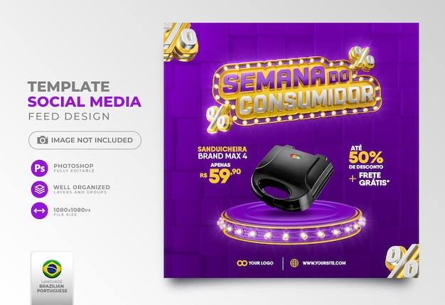 PSD post social media consumer week 3d render in portuguese for marketing campaign in brazil of offers