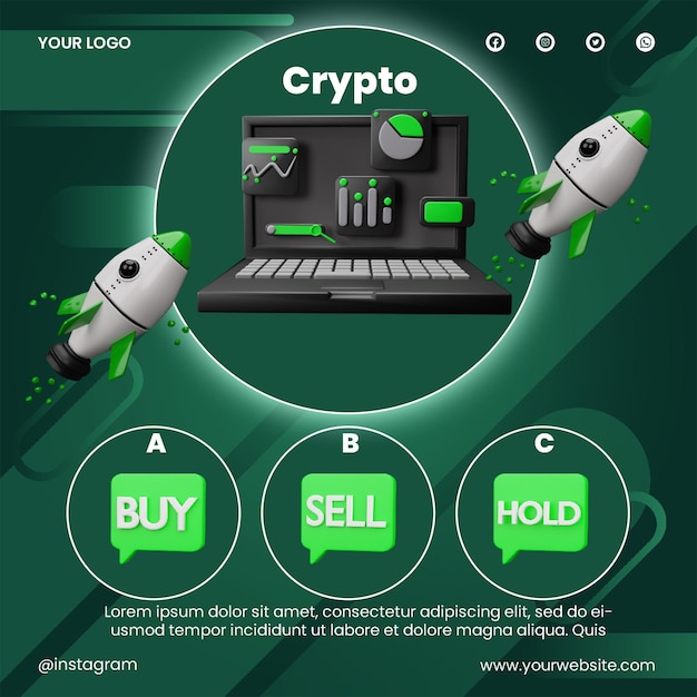 PSD post social media crypto chart with phone icon 3d render