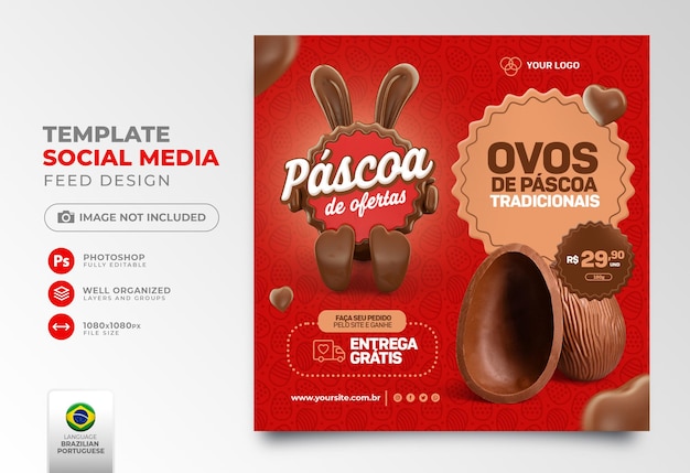 Pubblica offerte di pasqua sui social media in portoghese rendering 3d per la campagna di marketing in brasile