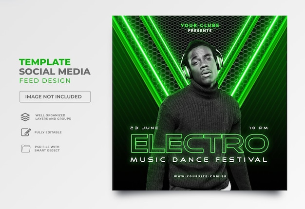 Post social media electro festival in 3d render neon template design