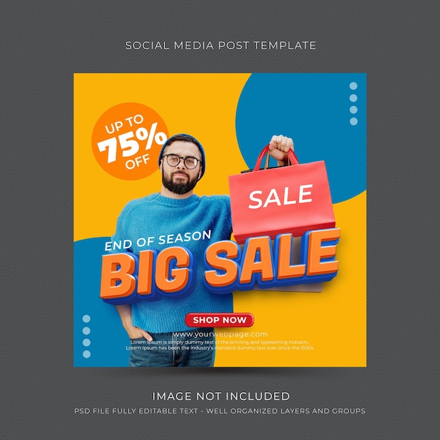 Post social media feed big sale template with photo and editable text 3d style effect