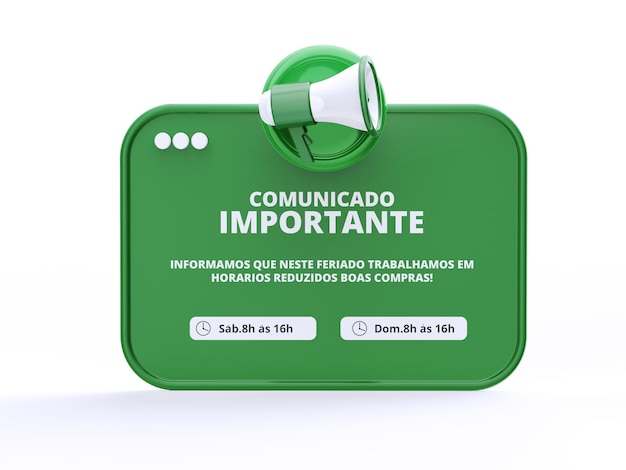 PSD post social media feed important announcement with megaphone 3d in brazil easy color change