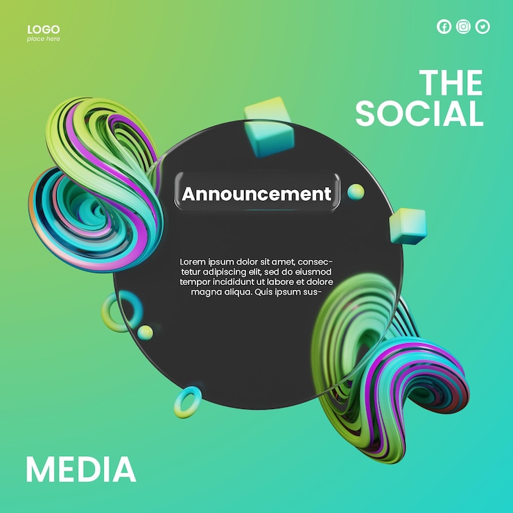 PSD post social media of glassmorphism design with 3d abstract shapes