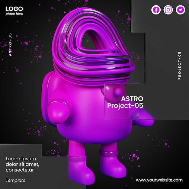 PSD post social media of glassmorphism design with 3d astronaut with abstract shapes
