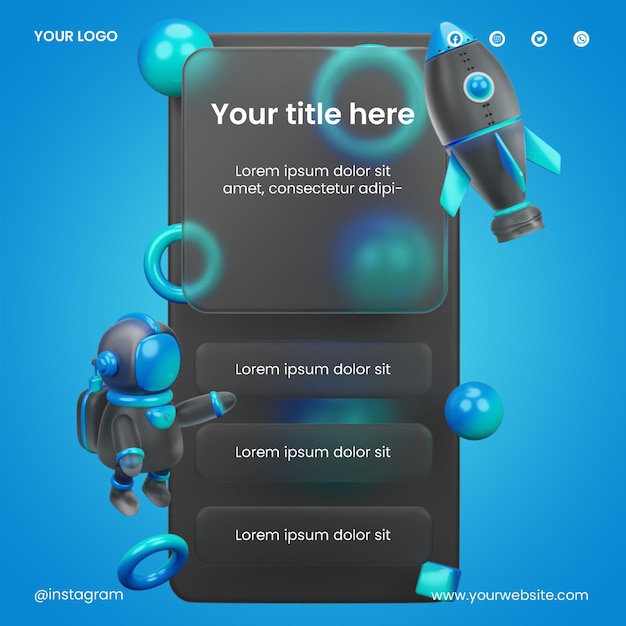 Post social media of glassmorphism design with 3d rendering