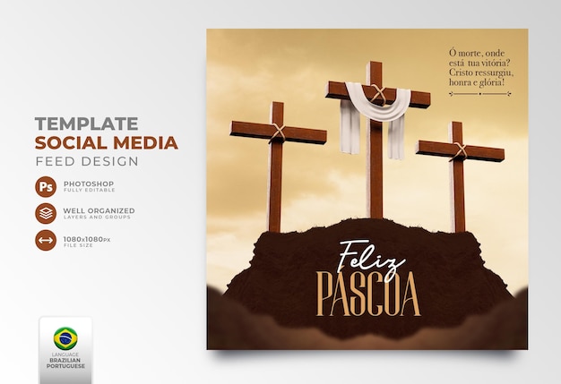 PSD post social media happy easter for christianity in portuguese 3d render