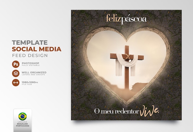 PSD post social media happy easter for christianity in portuguese 3d render