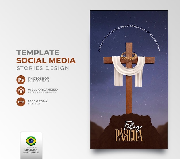 Post social media happy easter for christianity in portuguese 3d render