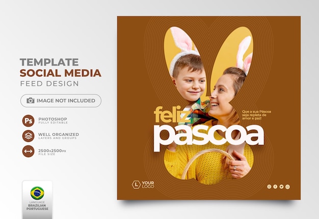 Post social media happy easter in portuguese 3d render for marketing campaign in brazil