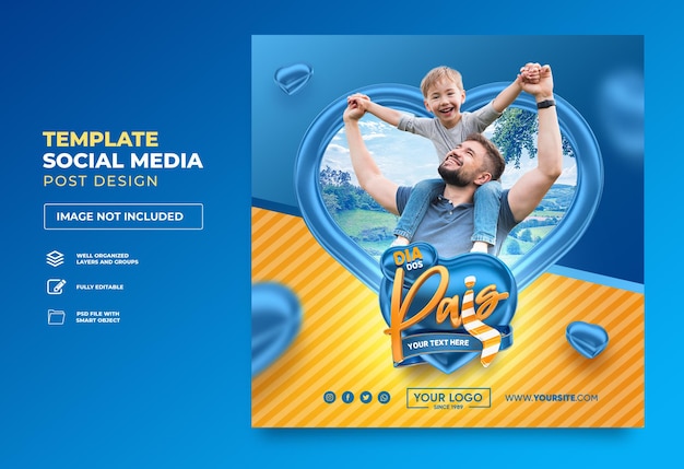 Post social media happy fathers day in brazil 3d render template design heart