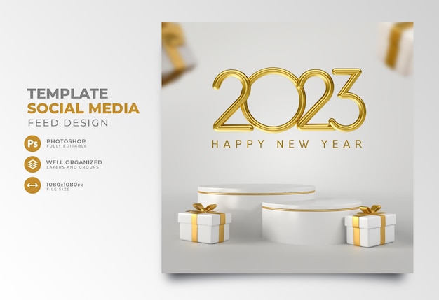 Pubblica il felice anno nuovo 2023 sui social media nel design del modello di rendering 3d