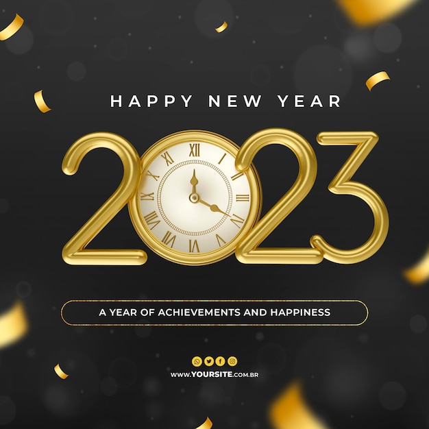 PSD post social media happy new year 2023 in 3d render template design