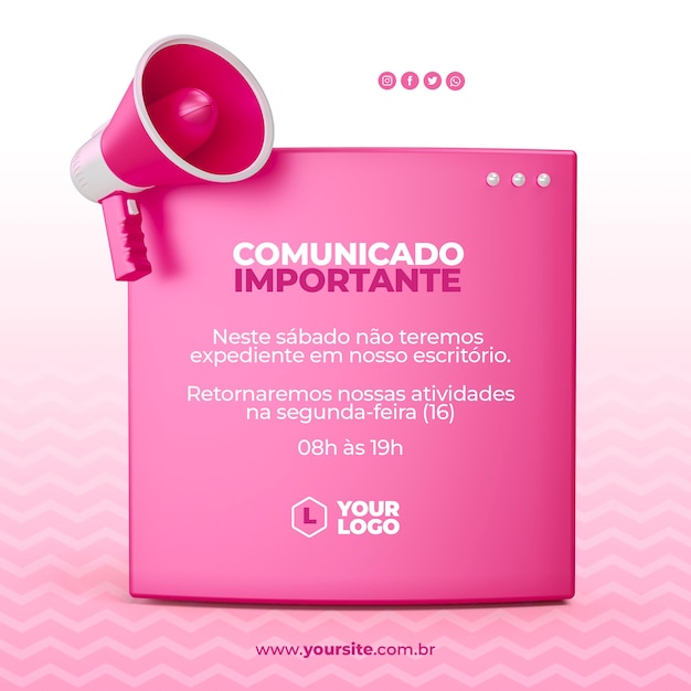 PSD post social media important announcement with megaphone icon 3d render in brazilian portuguese