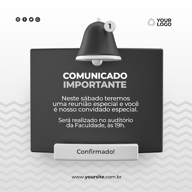 Post social media important announcement with megaphone icon 3d render in brazilian portuguese