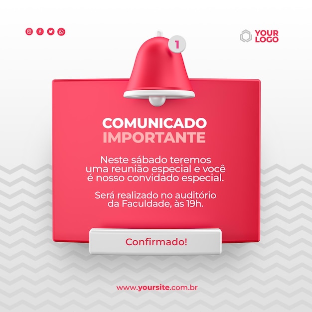 브라질 포르투갈어로 확성기 아이콘 3d 렌더링으로 소셜 미디어 중요 발표 게시