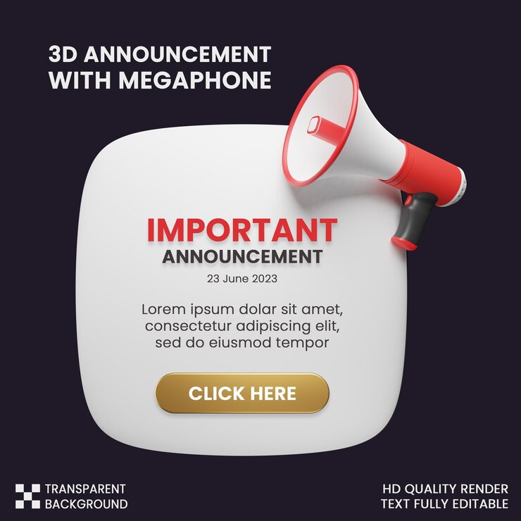 post social media important announcement with megaphone icon 3d render