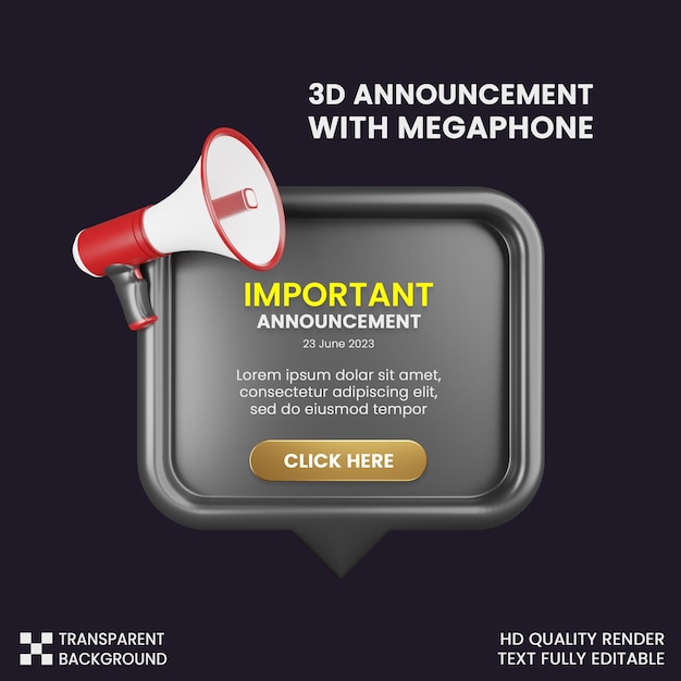 PSD post social media important announcement with megaphone icon 3d render