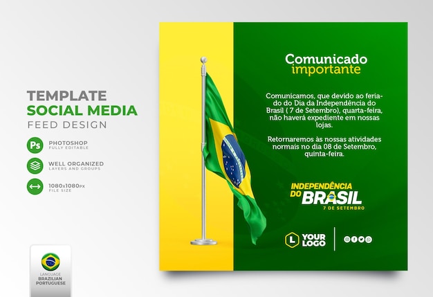 Post social media independence day brazil in 3d render portuguese