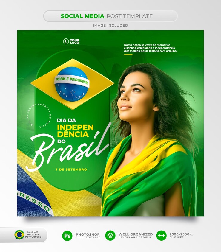 PSD post social media independence day brazil in 3d render portuguese