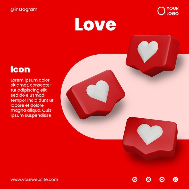 PSD post social media love with icon 3d render