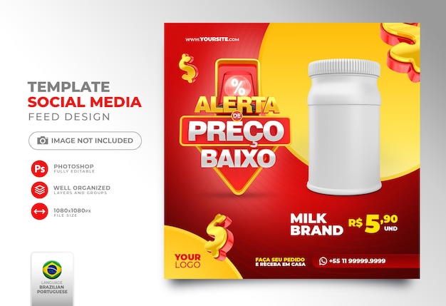 Post social media Low Price alert for marketing campaign in brazil template 3d render