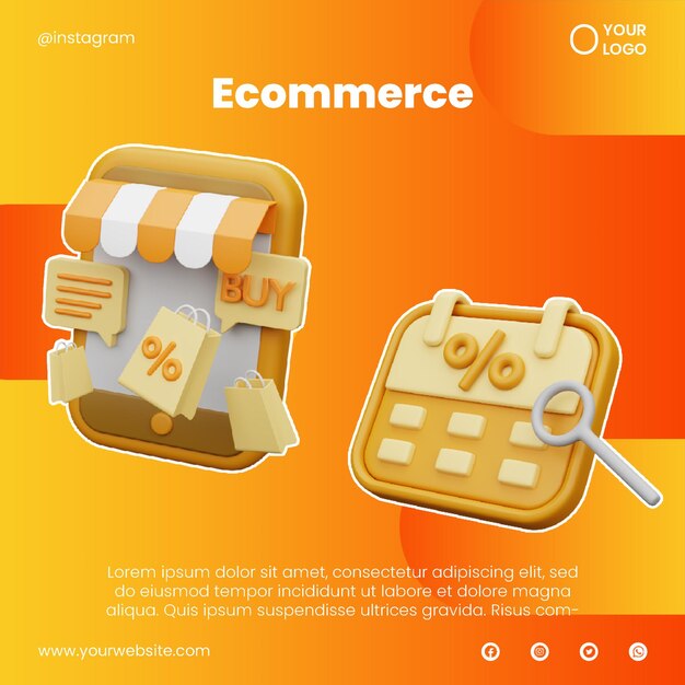 PSD post social media market and ecommerce icon 3d render