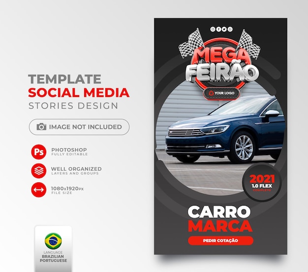 PSD post social media mega car fair in portuguese 3d render for marketing campaign in brazil