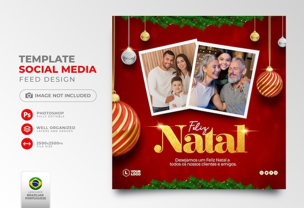 PSD post social media merry christmas in portuguese 3d render for marketing in brazil template design