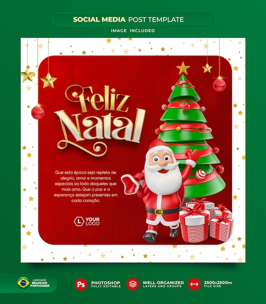 Post social media merry christmas in portuguese 3d render for marketing in brazil template design