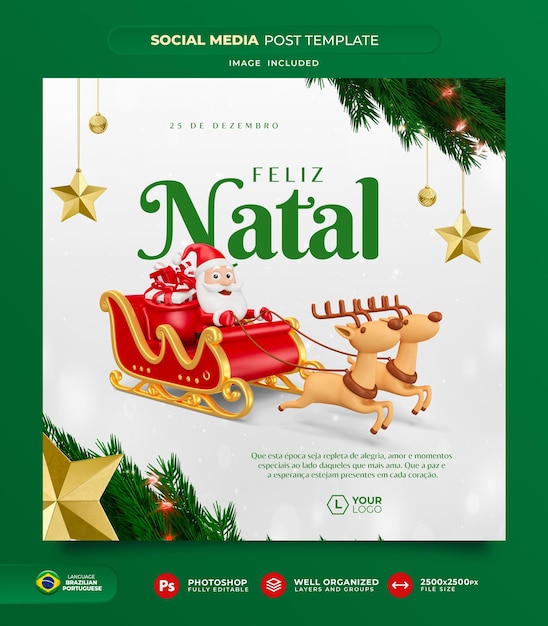 Post social media merry christmas in portuguese 3d render for marketing in brazil template design