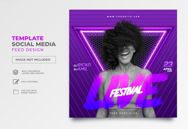 PSD pubblica il festival musicale dei social media in 3d render il design del modello al neon