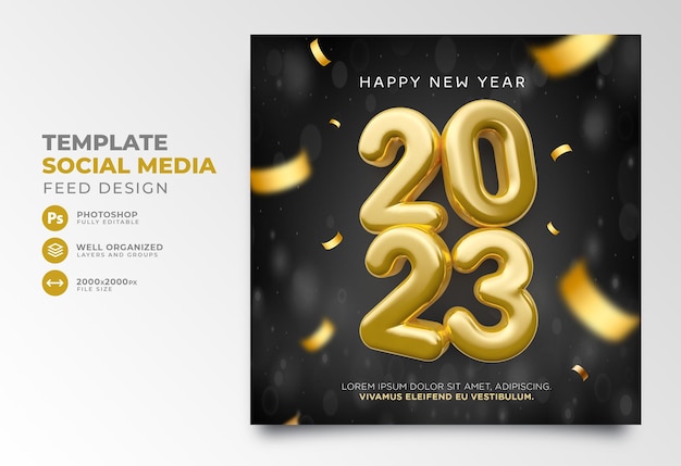 PSD post social media new year 2023 in 3d render template design