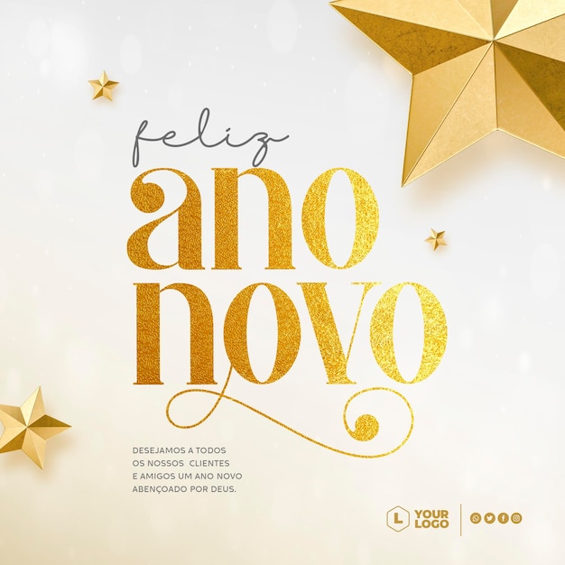 Post social media new year 2023 in portuguese 3d render template for marketing campaign in brazil