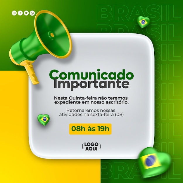 Post social media notice brazil independence day in 3d render portuguese