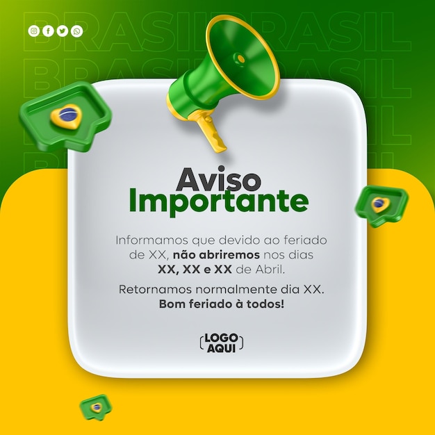 Post social media notice brazil independence day in 3d render portuguese