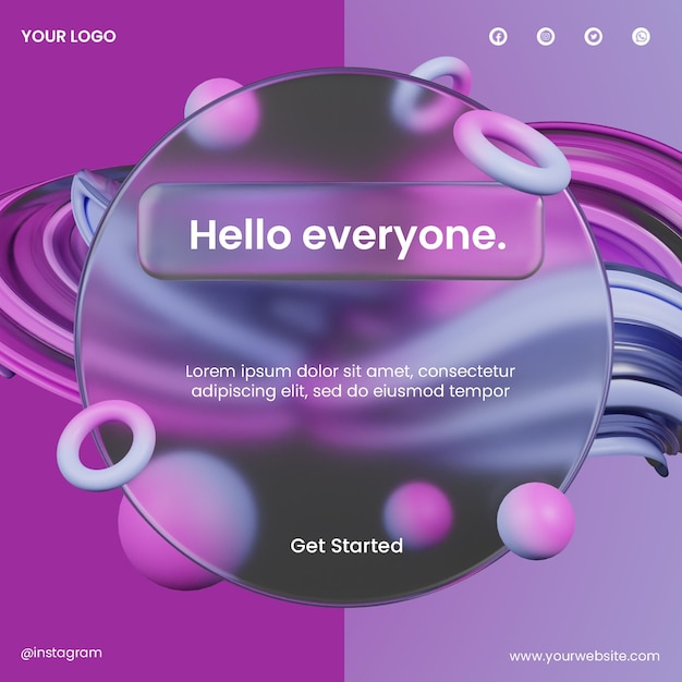Post social media of glassmorphism design with 3d abstract rendering
