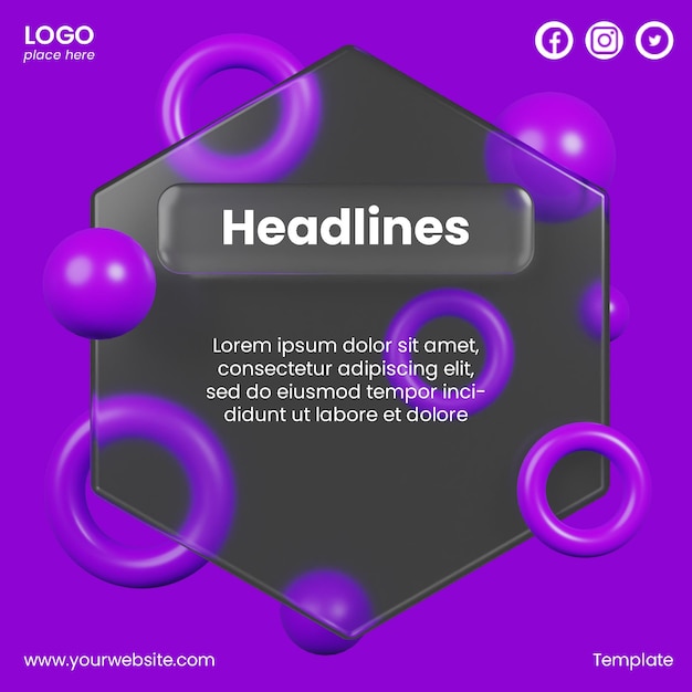 Post social media of glassmorphism design with 3d abstract shapes rendering