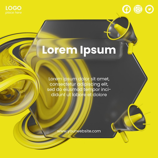 Post social media of glassmorphism design with 3d loud speaker rendering