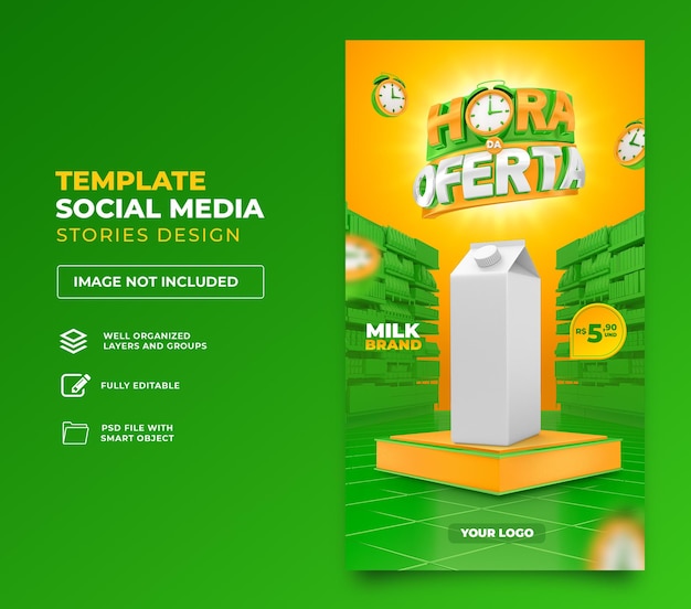 Post social media offer of the hour in brazil render 3d template design in portuguese