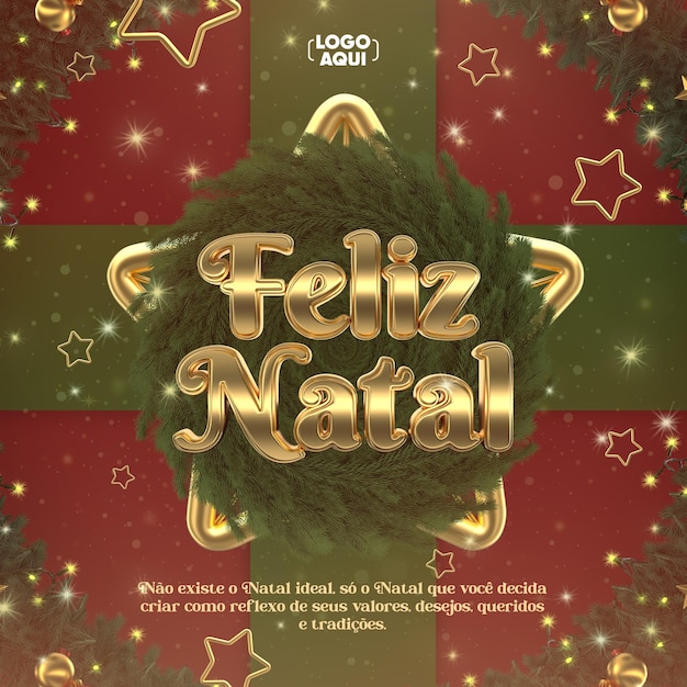 PSD post social media post merry christmas in portuguese 3d render for marketing campaign in brazil