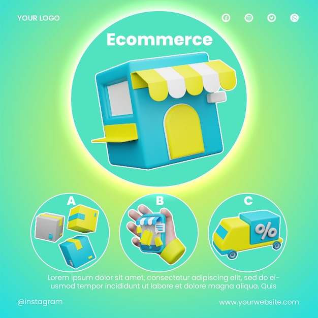 PSD post social media shop promotion icon 3d render