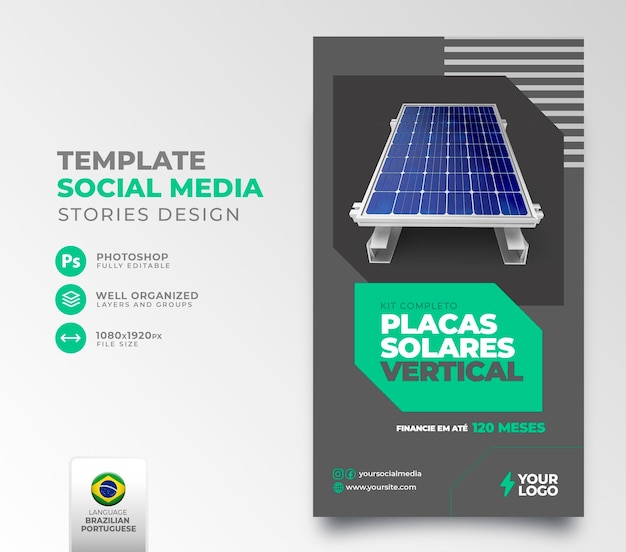 PSD post social media solar energy in portuguese 3d render for marketing campaign in brazil