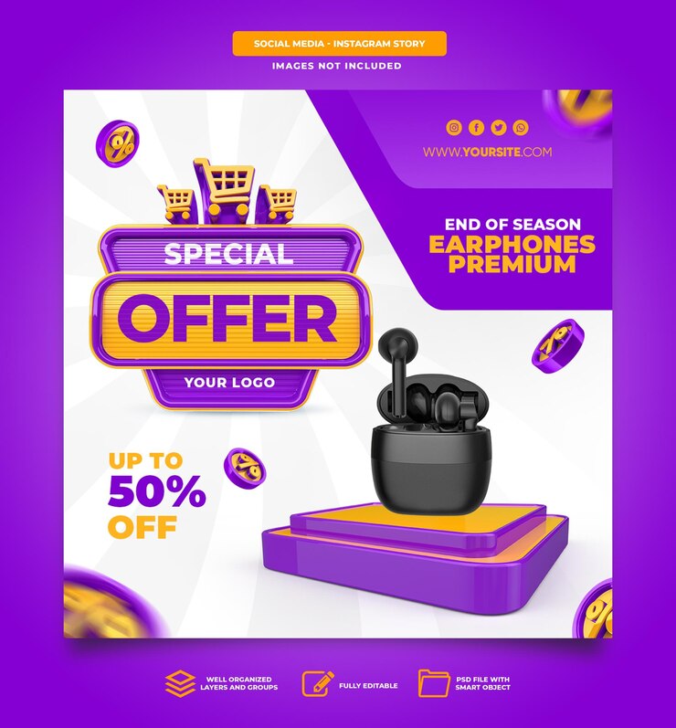 PSD post social media special offer 3d render template design sale podium 3d render