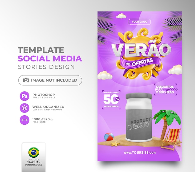 Post social media summer of offers in brazil 3d render template for marketing campaign in portuguese